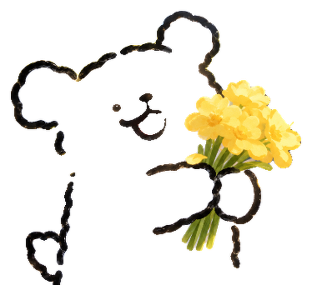 Floof, a fluffy white bear, holding a bunch of yellow flowers