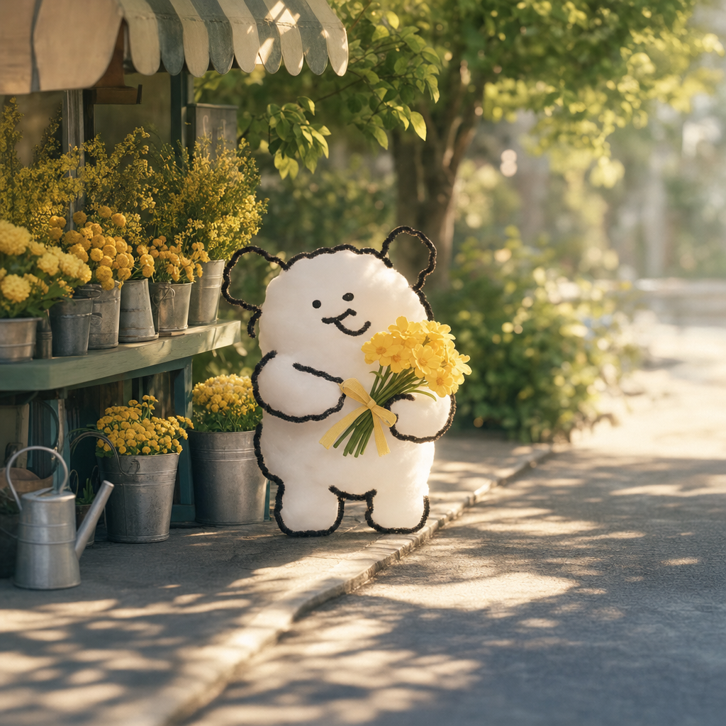 Floof holding a ribboned bouquet of yellow flowers beside a sidewalk flower stall